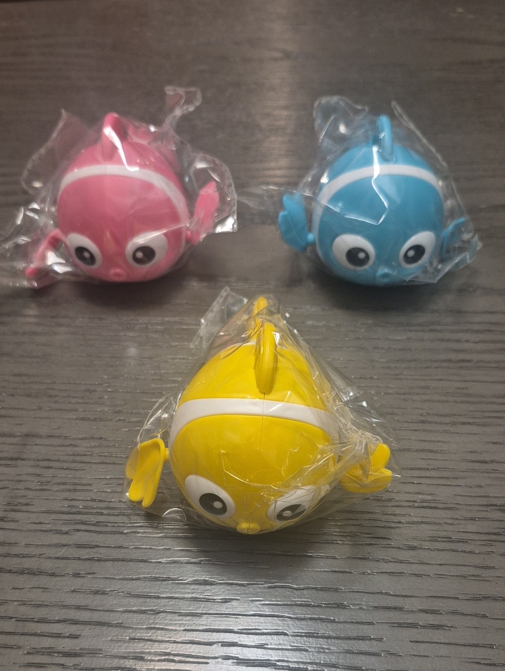 Set of 3 Brand New Sealed Cute Colorful Toy Fish Figures (Blue, Yellow, Pink)